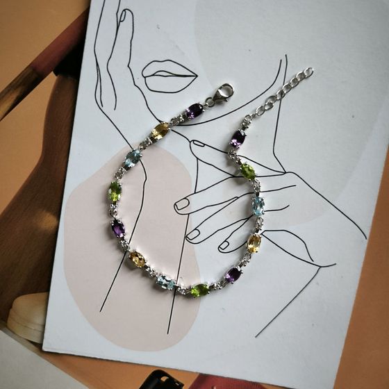 Серебряный браслет с аметистом 6.392ct, цитрином, хризолітом, топазом, фианитами