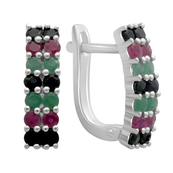 Серебряные серьги с сапфиром, изумрудом, рубином