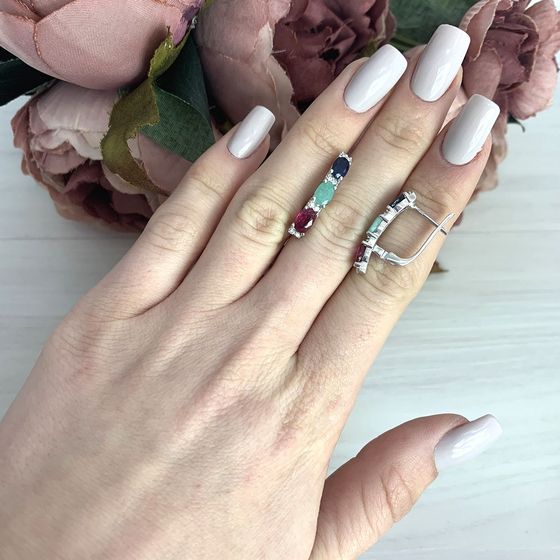 Серебряные серьги с сапфиром 3.704ct, изумрудом, рубином