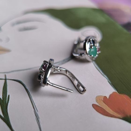 Серебряные серьги с сапфиром 4.05ct, изумрудом, рубином