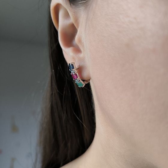 Серебряные серьги с сапфиром 4.05ct, изумрудом, рубином