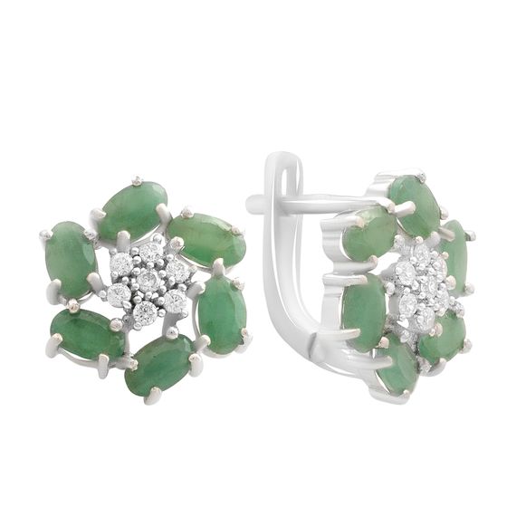 Серебряные серьги с изумрудом, фианитами