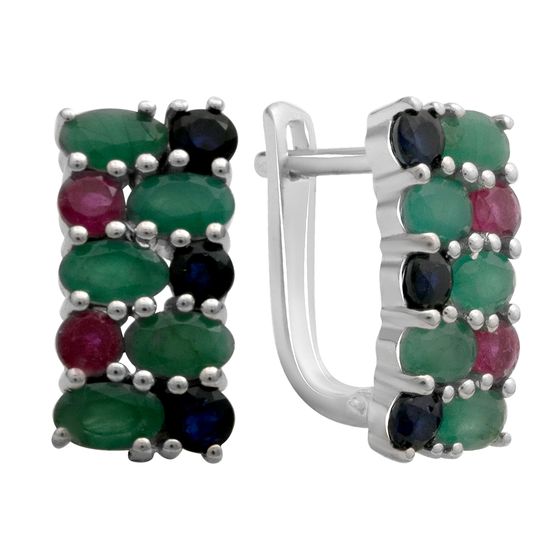 Серебряные серьги с сапфиром 4.05ct, изумрудом, рубином