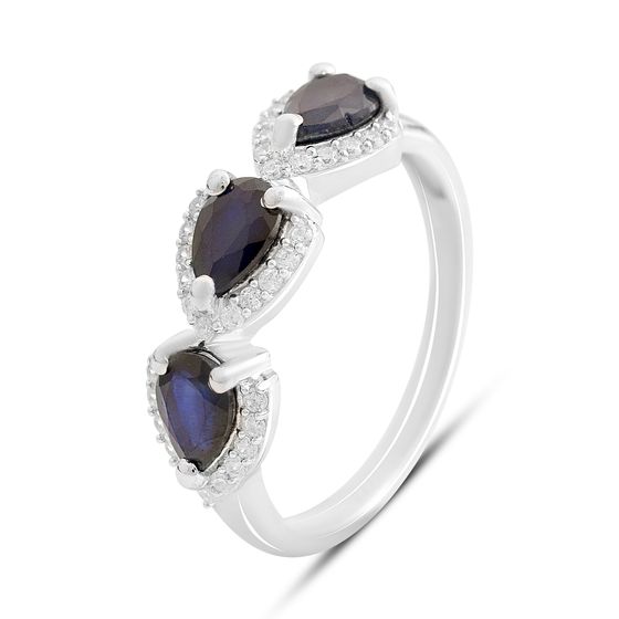 Серебряное кольцо с сапфиром, фианитами