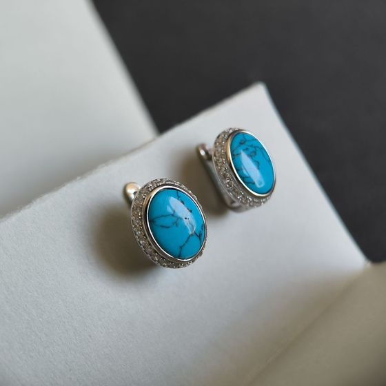 Серебряные серьги с бирюзой, фианитами