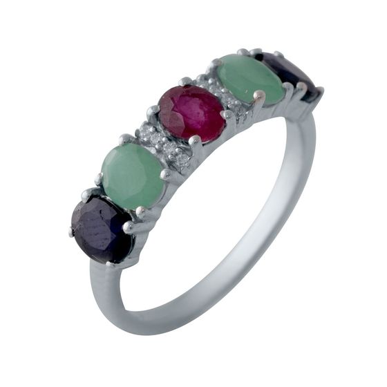 Серебряное кольцо с изумрудом, рубином, сапфиром