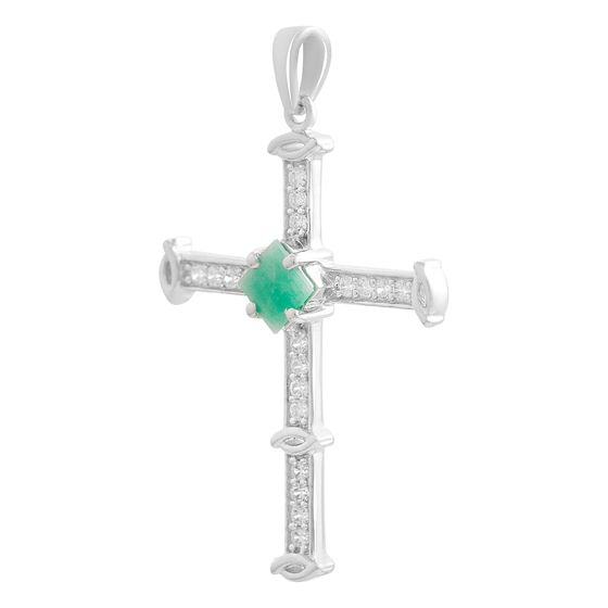 Серебряный крестик с изумрудом, фианитами